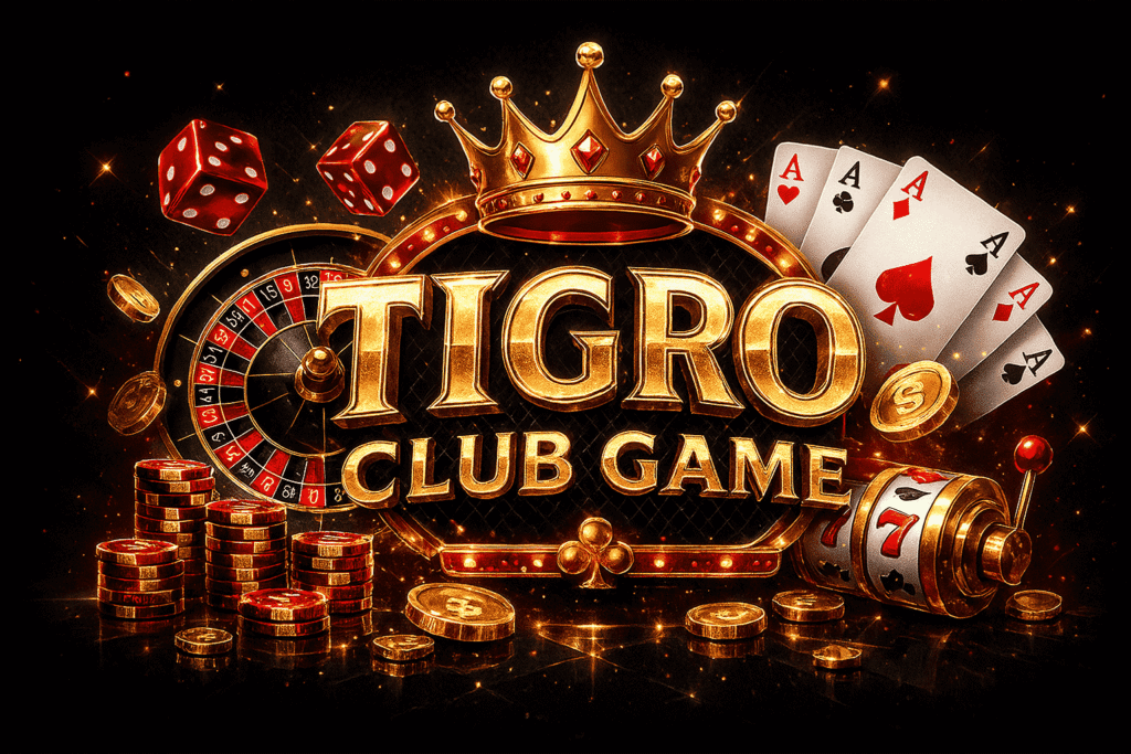 Horizontal 3D casino-style banner showing the text ‘Tigro Club Game’ in golden letters on a dark background with roulette wheel, playing cards, and glowing light effects — representing a premium online gaming and casino platform.